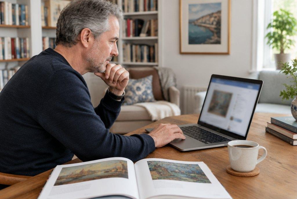 Bir adam evde, kitap raflı aydınlık bir oturma odasında dizüstü bilgisayarından online bir sanat müzayedesini takip ediyor (yapay zekâ ile üretildi)
