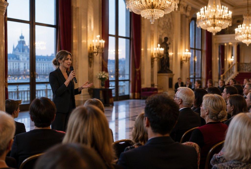 Eine Dramaturgin gibt im festlichen Foyer eines Opernhauses mit Kronleuchtern eine Einführung vor der Vorstellung, das Publikum sitzt in Stuhlreihen (KI-generiert)