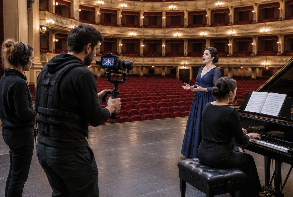 Ein kleines Videoteam filmt mit einer Gimbal-Kamera eine Sopranistin, die mit einer Pianistin auf der Bühne eines leeren Opernhauses probt (KI-generiert)