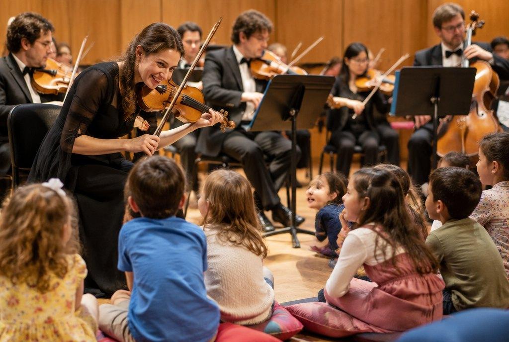 Kinder sitzen bei einem Familienkonzert auf Kissen vor dem Orchester, eine Geigerin spielt ihnen lächelnd zu (KI-generiert)