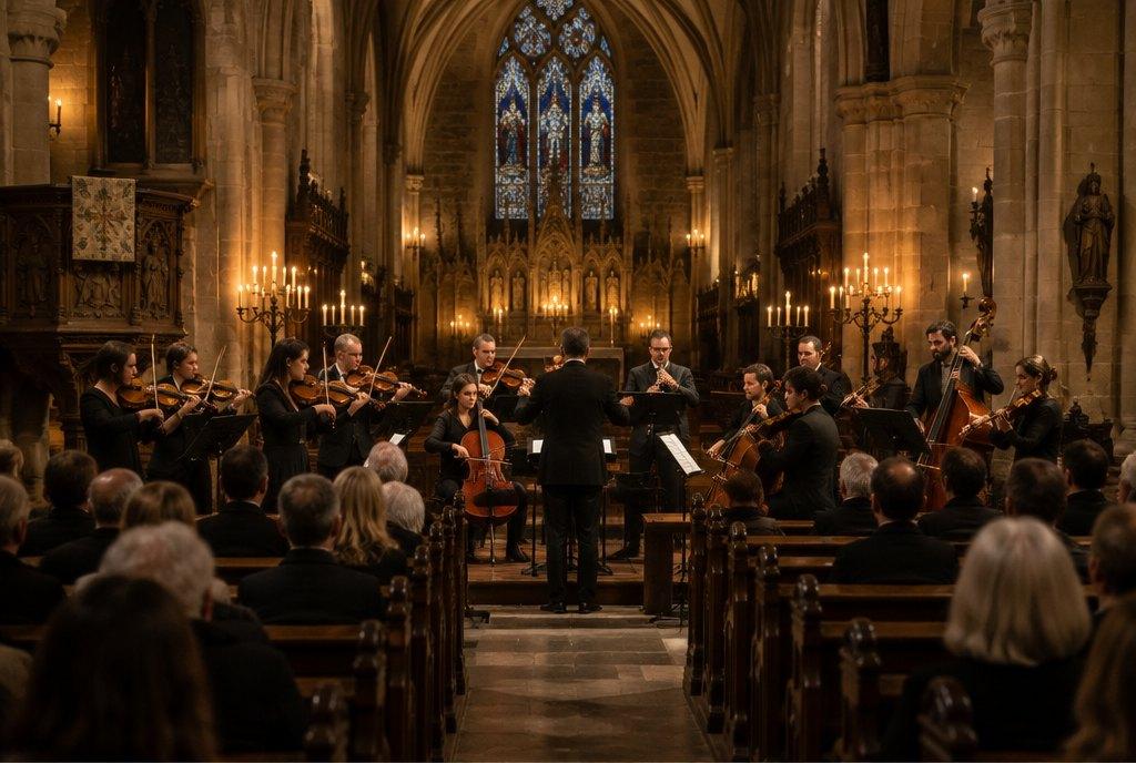Ein Kammerorchester spielt in einer historischen Kirche mit hohem Gewölbe, das Publikum sitzt in Holzbänken (KI-generiert)