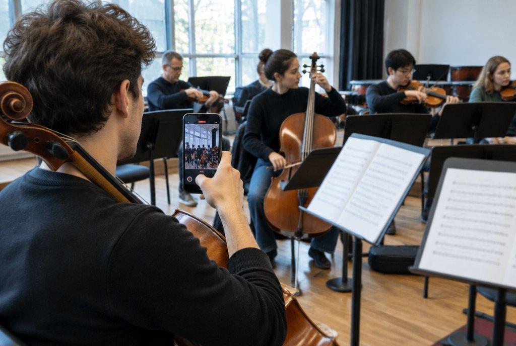 Ein junger Cellist filmt bei der Orchesterprobe mit dem Smartphone seine Kolleginnen und Kollegen beim Einstimmen (KI-generiert)