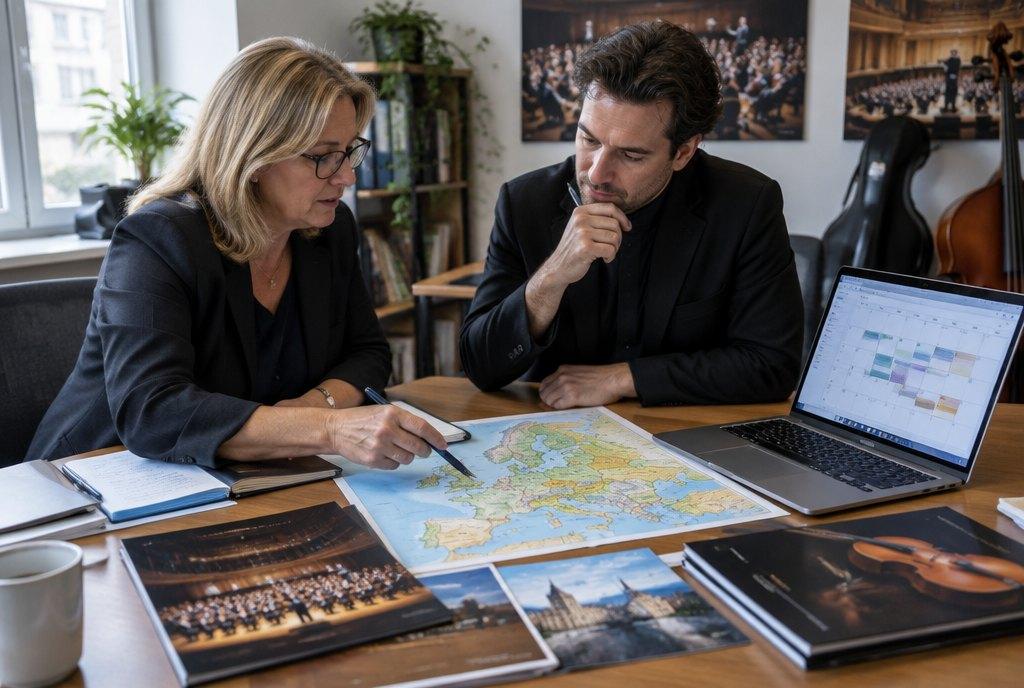 Eine Orchestermanagerin und ein Dirigent planen am Schreibtisch mit Laptop, Europakarte und Programmheften eine Konzerttournee (KI-generiert)