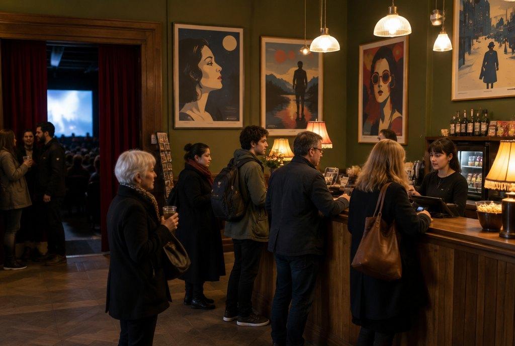Gäste verschiedener Altersgruppen kaufen am Abend Tickets und Getränke an der Holztheke im Foyer eines Programmkinos (KI-generiert)