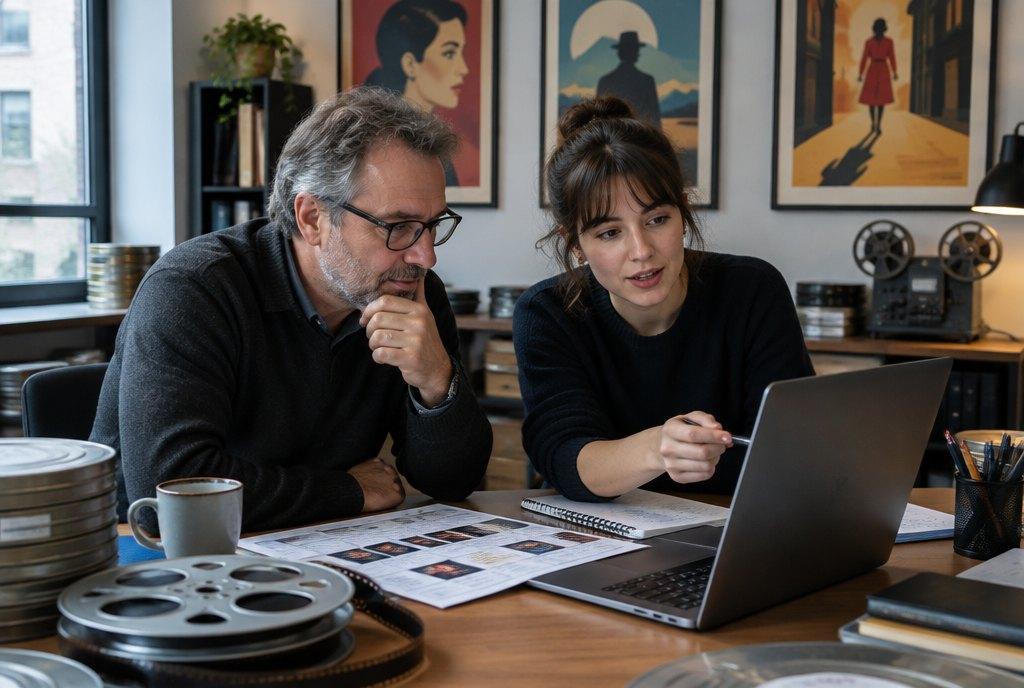 Ein Kinobetreiber und eine junge Kollegin planen am Schreibtisch mit Laptop und Filmrollen das Monatsprogramm eines unabhängigen Kinos (KI-generiert)