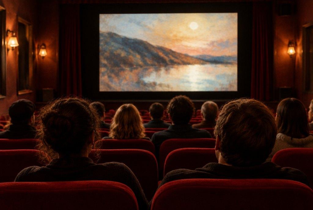 Publikum in einem kleinen, gemütlichen Programmkino mit roten Samtsesseln blickt auf eine leuchtende Leinwand mit einer Landschaftsszene (KI-generiert)