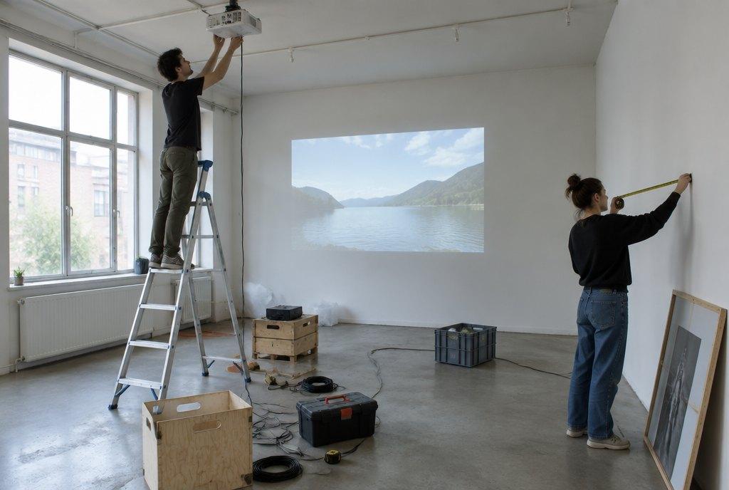 A young man on a ladder adjusts a projector while a young woman measures the wall during exhibition setup in a project space (AI-generated)