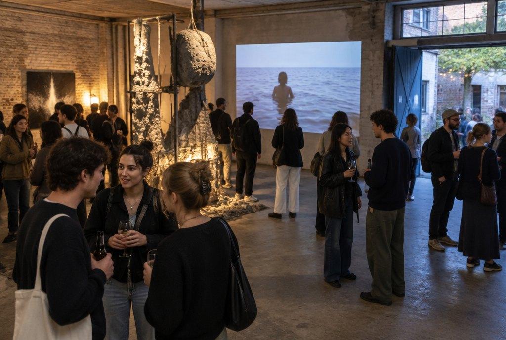 Young visitors at an evening opening in a project space inside a former industrial hall with brick walls, an installation and a video projection (AI-generated)