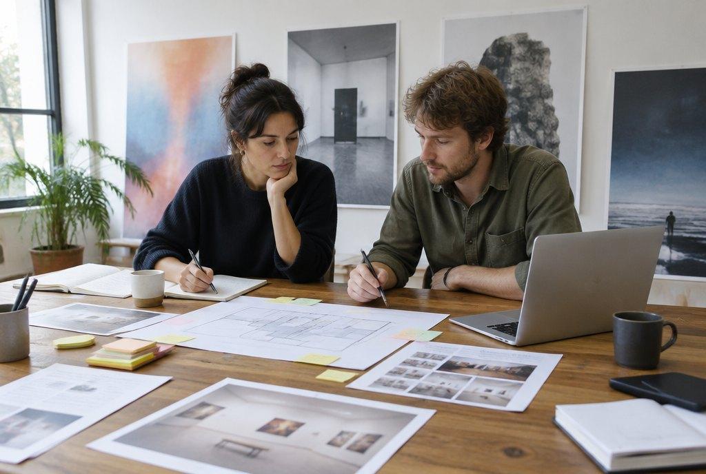 A female and a male artist work at a table in a project space with a laptop, floor plan and sticky notes on exhibition planning and a grant application (AI-generated)