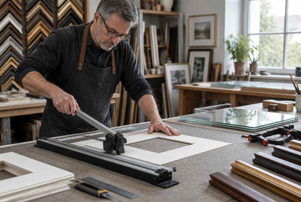 A male framer with glasses and an apron cuts a mat with a mat cutter in a workshop, surrounded by frame mouldings and tools (AI-generated)