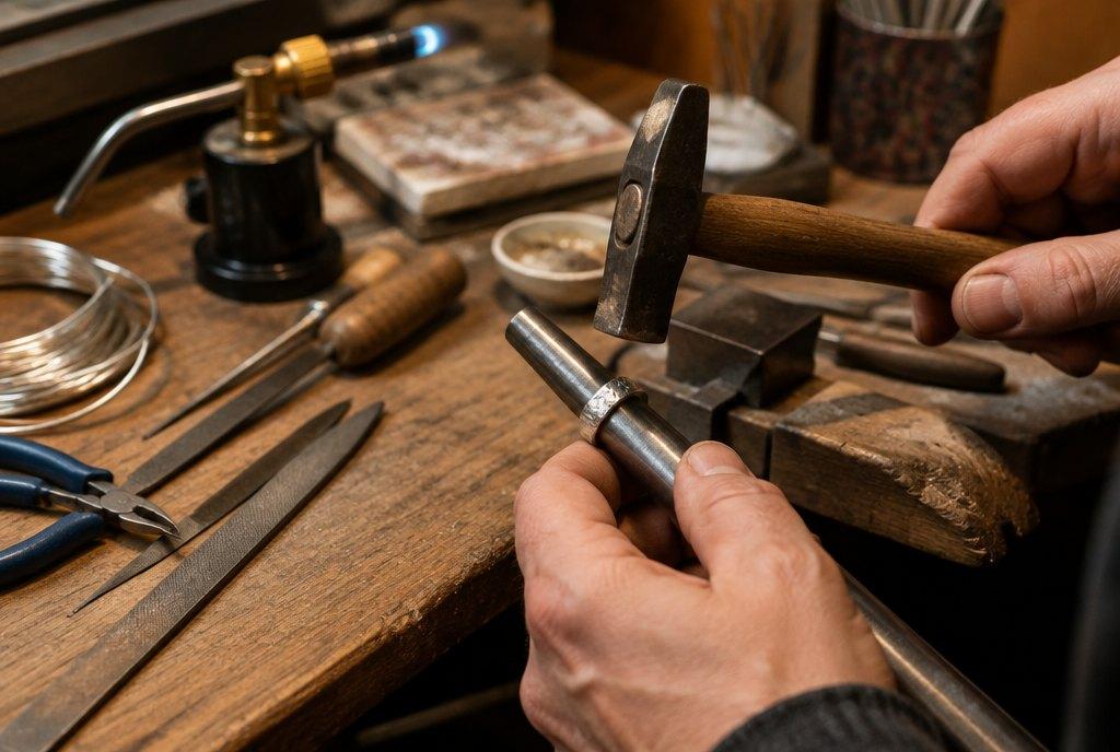 Hands shaping a silver ring with a hammer on a ring mandrel next to files, pliers, a soldering torch and silver wire on the bench (AI-generated)