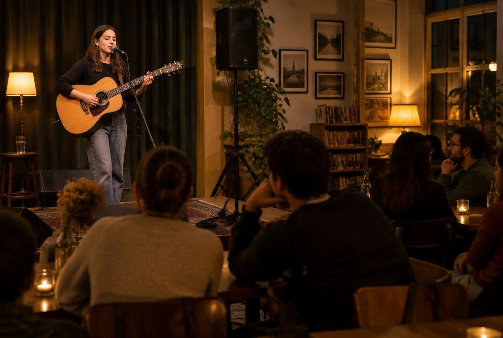 Eine junge Sängerin mit Gitarre tritt bei einem Open-Stage-Abend im Café eines soziokulturellen Zentrums vor entspanntem Publikum auf (KI-generiert)