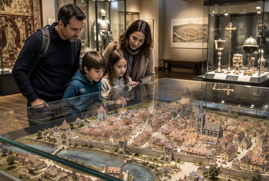Eine Familie mit zwei Kindern betrachtet im Stadtmuseum ein großes historisches Stadtmodell unter Glas, umgeben von Vitrinen mit historischen Objekten (KI-generiert)