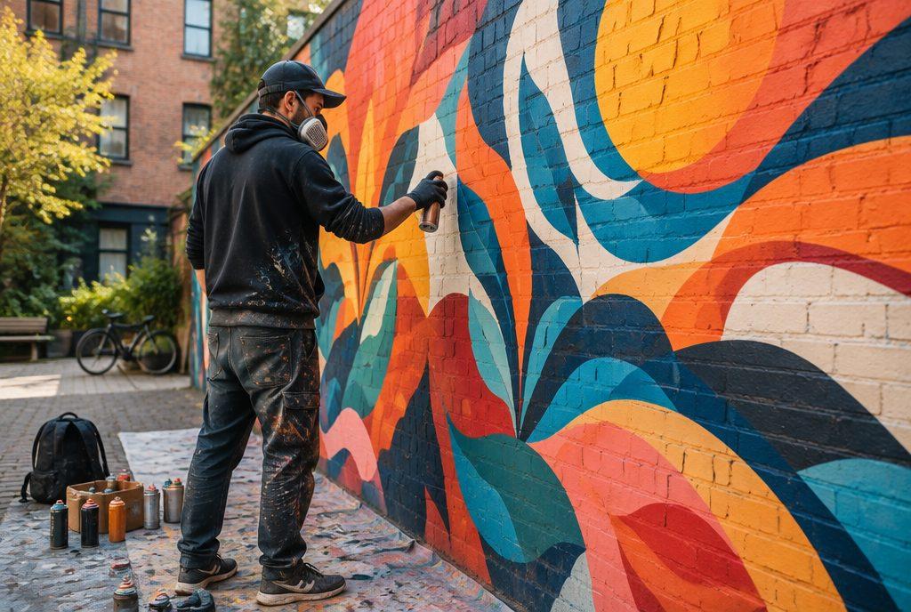Street Artist sprüht ein großes Wandbild in einem Berliner Hinterhof (KI-generiert)