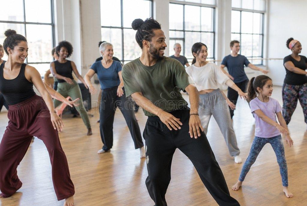 Ein Tänzer leitet einen Community-Tanzworkshop mit Teilnehmenden unterschiedlichen Alters in einem großen Studio (KI-generiert)