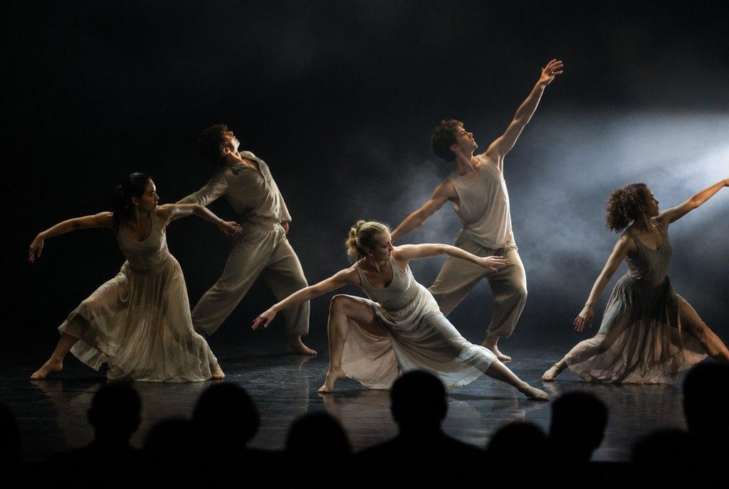 Fünf Tänzerinnen und Tänzer in fließenden Kostümen bei einer zeitgenössischen Tanzperformance auf schwarzer Bühne mit dramatischem Seitenlicht (KI-generiert)