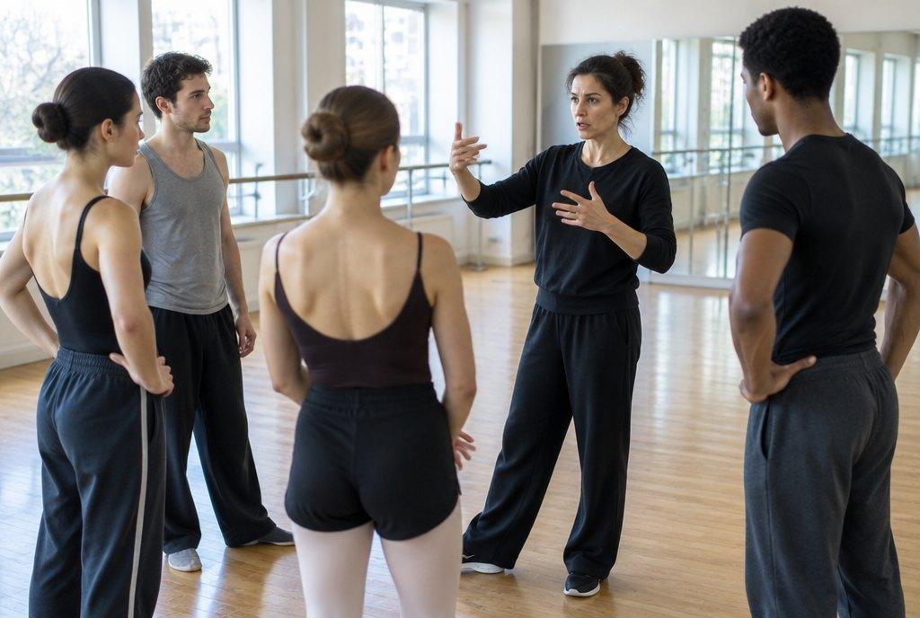 Eine Choreografin gibt vier Tänzerinnen und Tänzern im hellen Tanzstudio Anweisungen bei der Probe (KI-generiert)