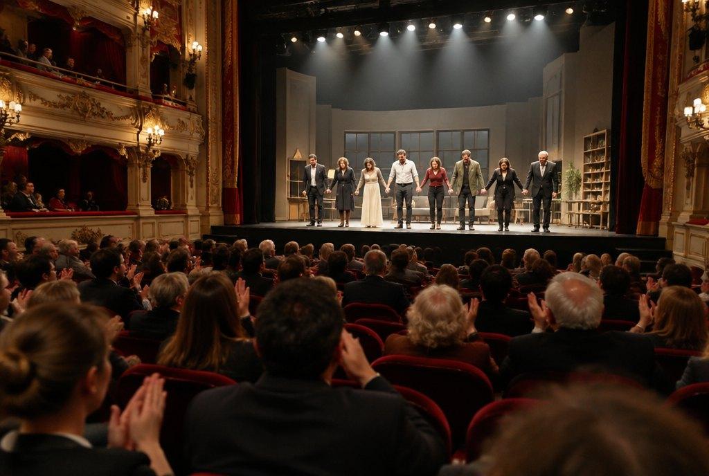 Applaus nach einer Vorstellung in einem klassischen Stadttheater mit roten Sitzen und Rängen, das Ensemble verbeugt sich auf der hell erleuchteten Bühne (KI-generiert)