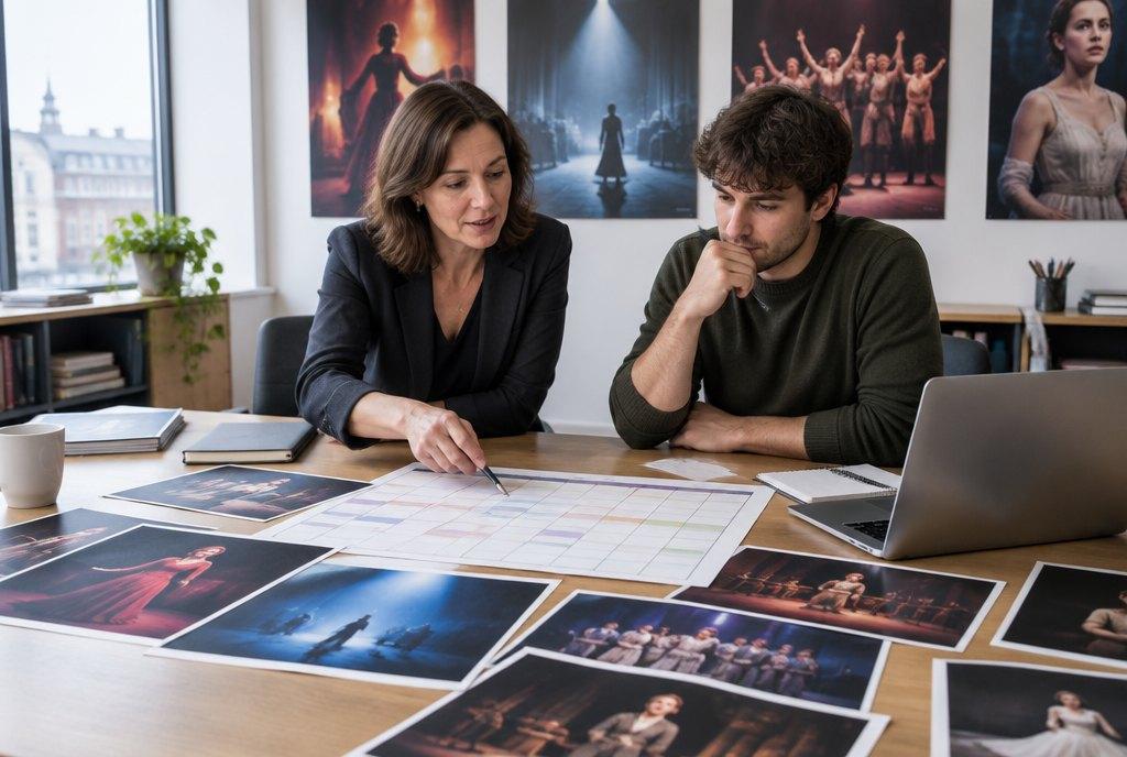 Eine Marketingleiterin und ein junger Kollege planen in einem Theaterbüro die neue Spielzeit mit Produktionsfotos, Spielzeitkalender und Laptop (KI-generiert)