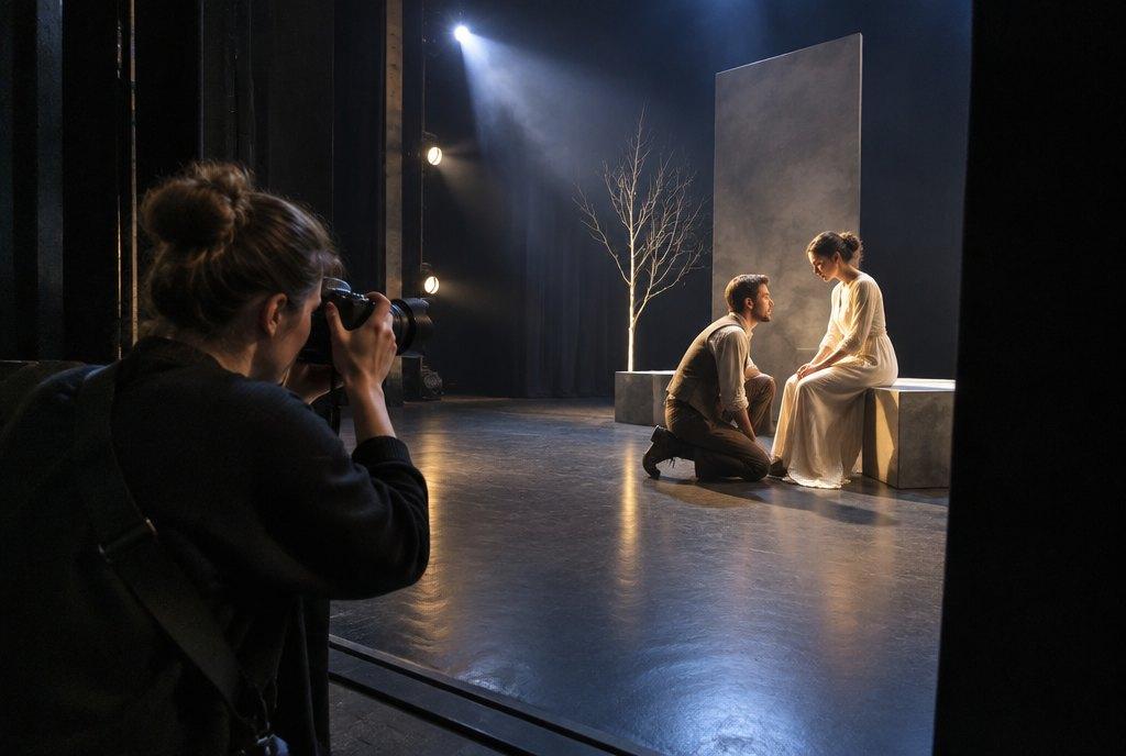Eine Fotografin fotografiert von der Seitenbühne aus zwei Schauspieler bei der Hauptprobe auf einer Theaterbühne mit dramatischem Licht (KI-generiert)