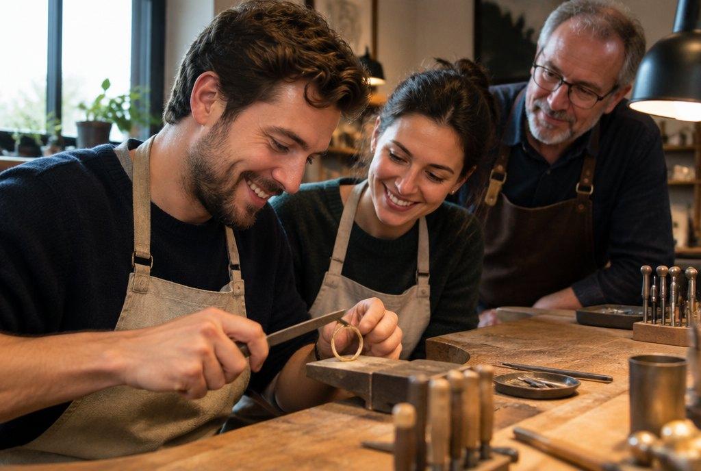 A couple crafting their own wedding rings together at a jeweler's bench in a wedding ring workshop, guided by a goldsmith (AI-generated)