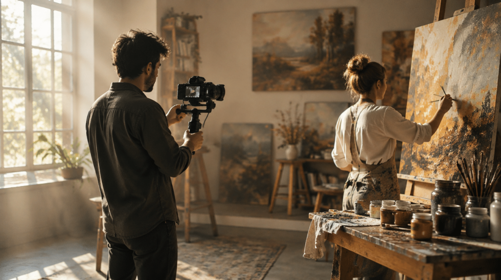 Videograf filmt eine Malerin bei der Arbeit an einer großen Leinwand im Atelier (KI-generiert)